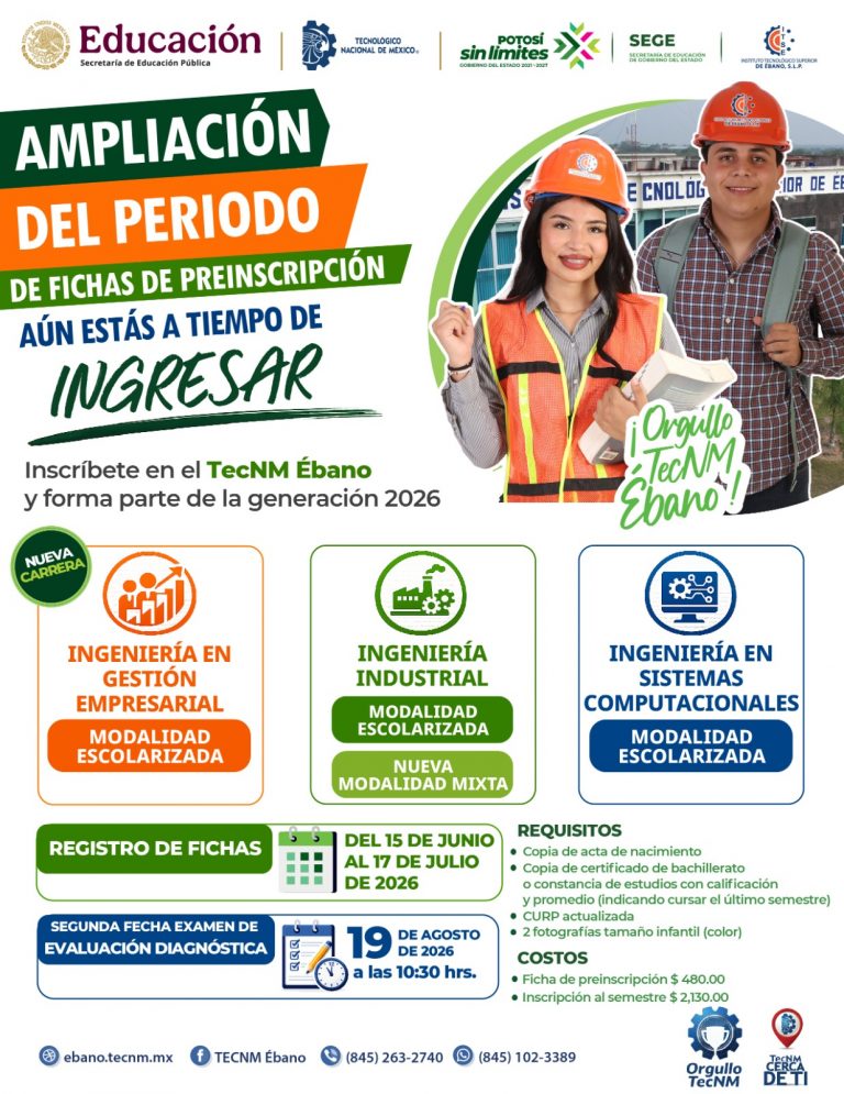 TECNOLÓGICO DE ÉBANO AMPLÍA EL REGISTRO DE NUEVO INGRESO